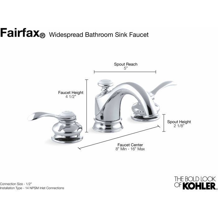 K1226542BZ,CP Kohler Fairfax Widespread Bathroom Faucet with Drain